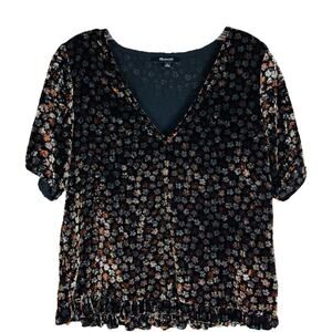Madewell black orange floral velour ruffle v neck top small